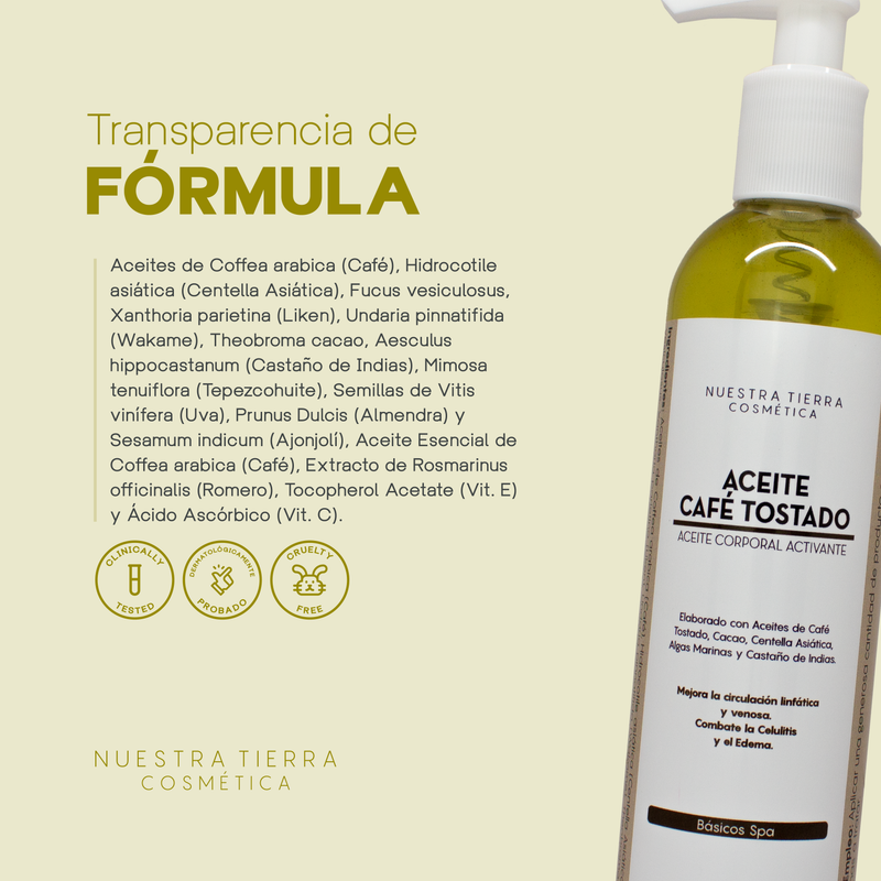 Cafe Tostado Aceite Corporal Drenante ideal para combatir la piel de naranja