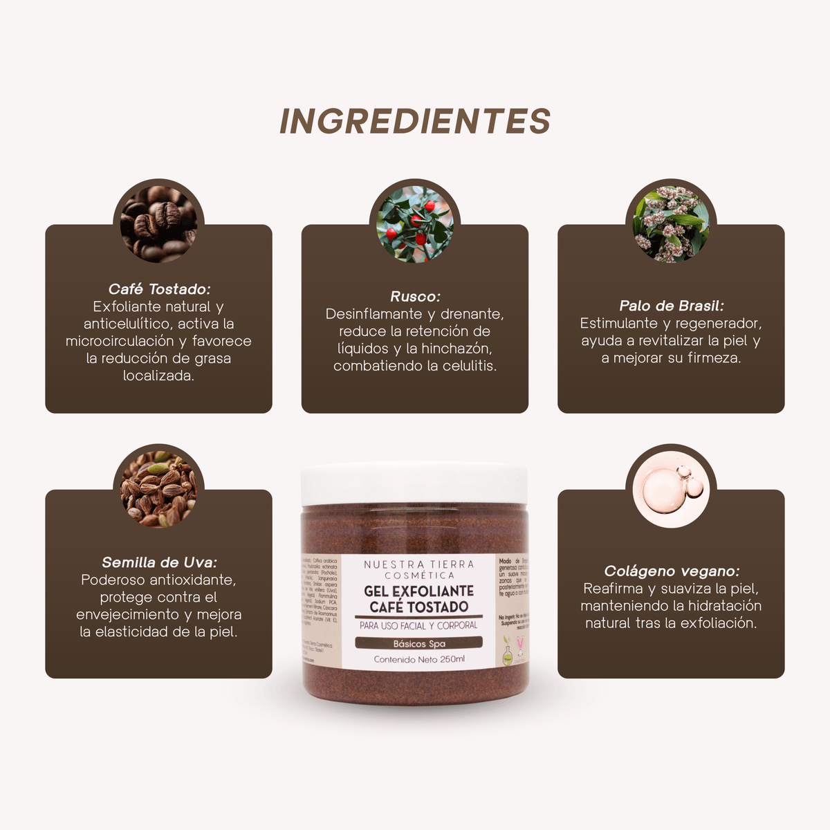 Cafe Tostado Exfoliante Anti - celulitis y Descongestionante - Nuestra Tierra Cosmética Ancestral