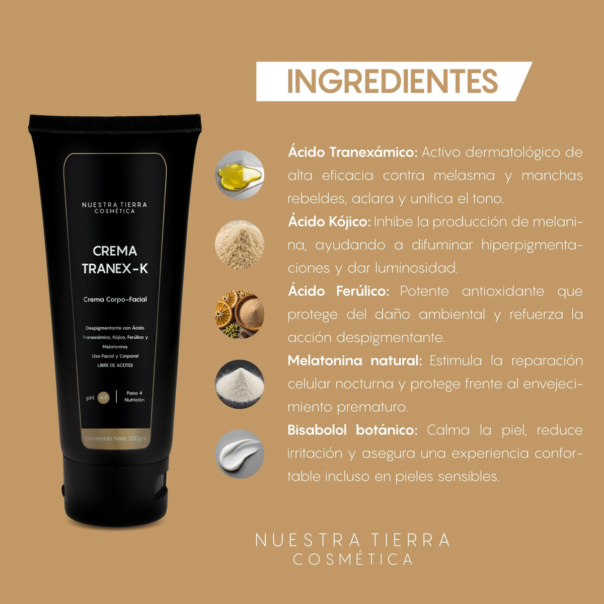 Crema Despigmentante Tranexamico + Kojico + Ferulico + Melatonina - Nuestra Tierra Cosmética Ancestral