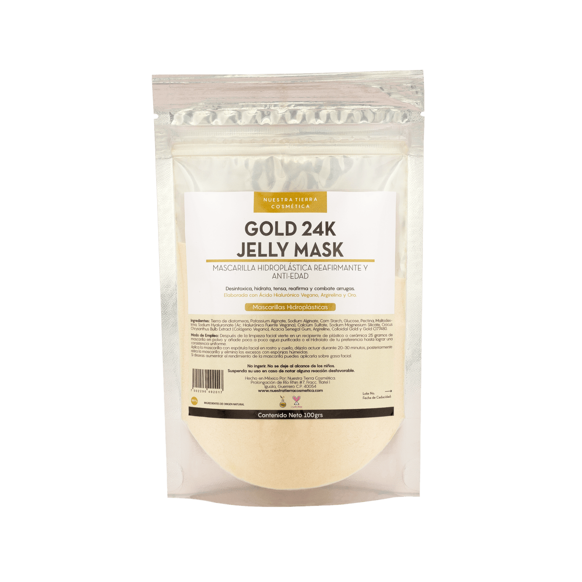 Gold 24K Mascarilla Hidro - Plastica Reafirmante y Anti - Edad con Oro y Argirelina - Nuestra Tierra Cosmética Ancestral