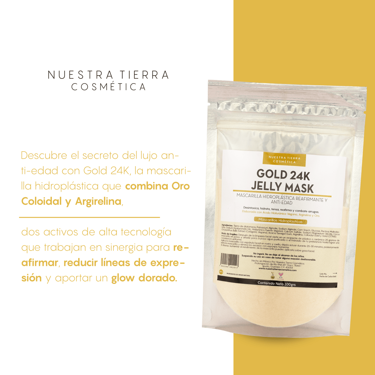 Gold 24K Mascarilla Hidro - Plastica Reafirmante y Anti - Edad con Oro y Argirelina - Nuestra Tierra Cosmética Ancestral