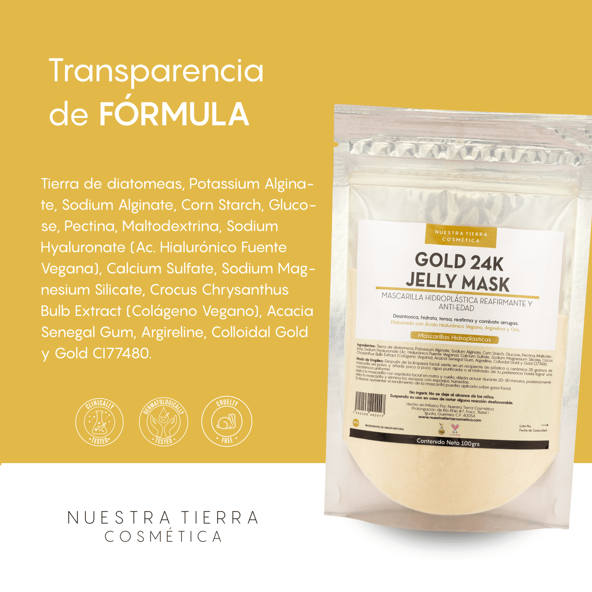 Gold 24K Mascarilla Hidro - Plastica Reafirmante y Anti - Edad con Oro y Argirelina - Nuestra Tierra Cosmética Ancestral