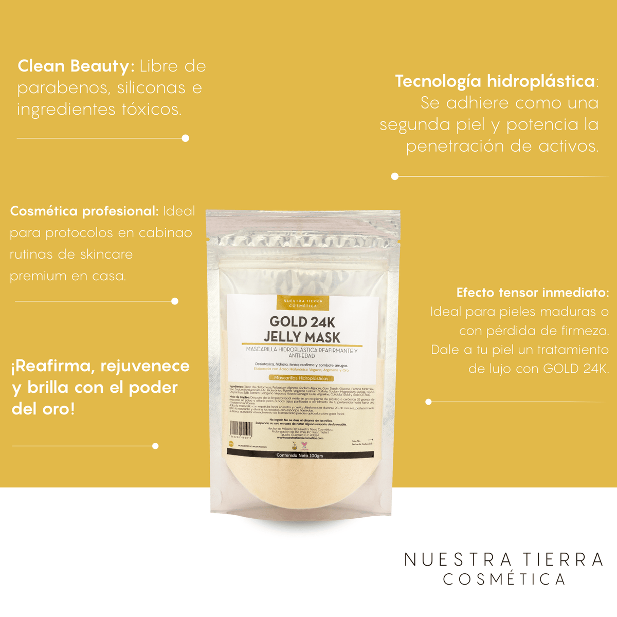 Gold 24K Mascarilla Hidro - Plastica Reafirmante y Anti - Edad con Oro y Argirelina - Nuestra Tierra Cosmética Ancestral