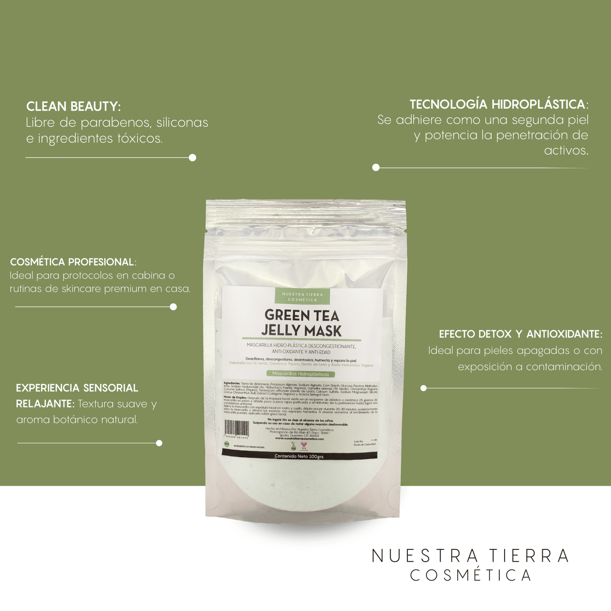 Green Tea Mascarilla Hidro - Plastica Descongestionante y Anti - Oxidante - Nuestra Tierra Cosmética Ancestral