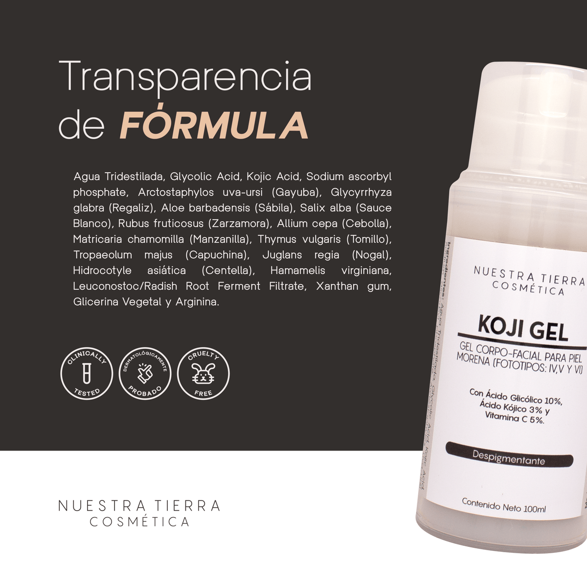 Koji Gel Despigmentante para piel morena con Ac. Glicolico, Kojico y Vit. C - Nuestra Tierra Cosmética Ancestral