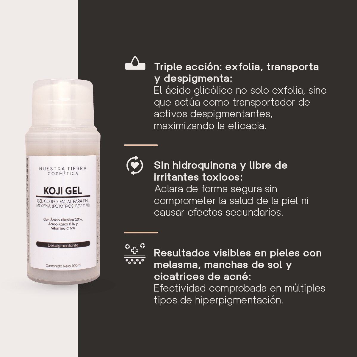 Koji Gel Despigmentante para piel morena con Ac. Glicolico, Kojico y Vit. C - Nuestra Tierra Cosmética Ancestral