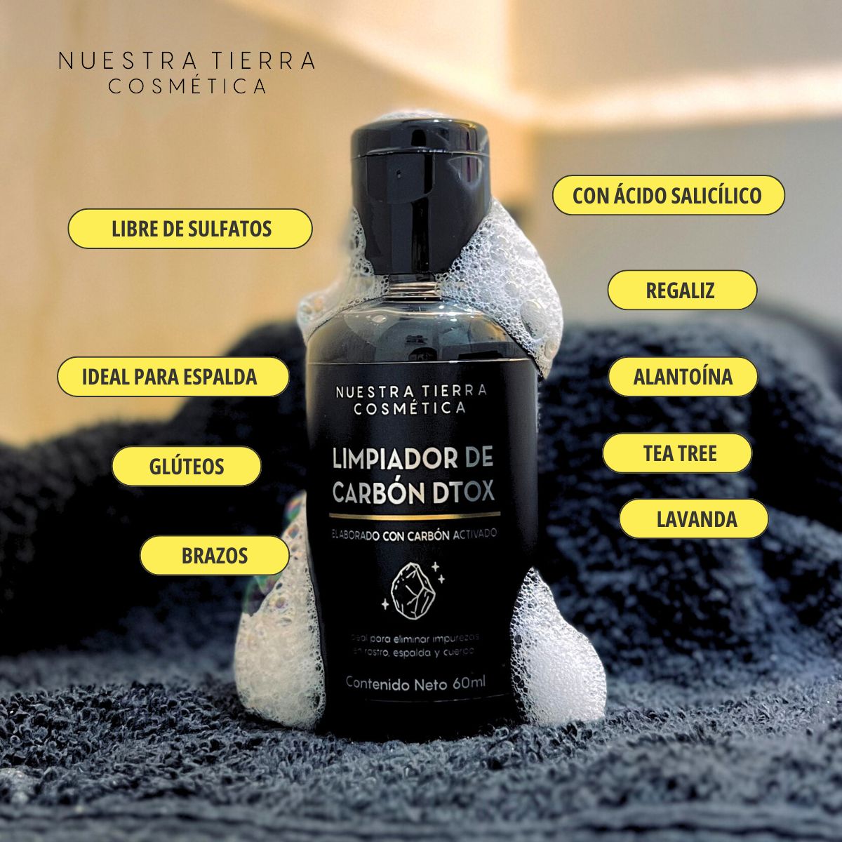 Limpiador de Carbon Dtox, Limpia, Purifica. 60ml - Nuestra Tierra Cosmética Ancestral