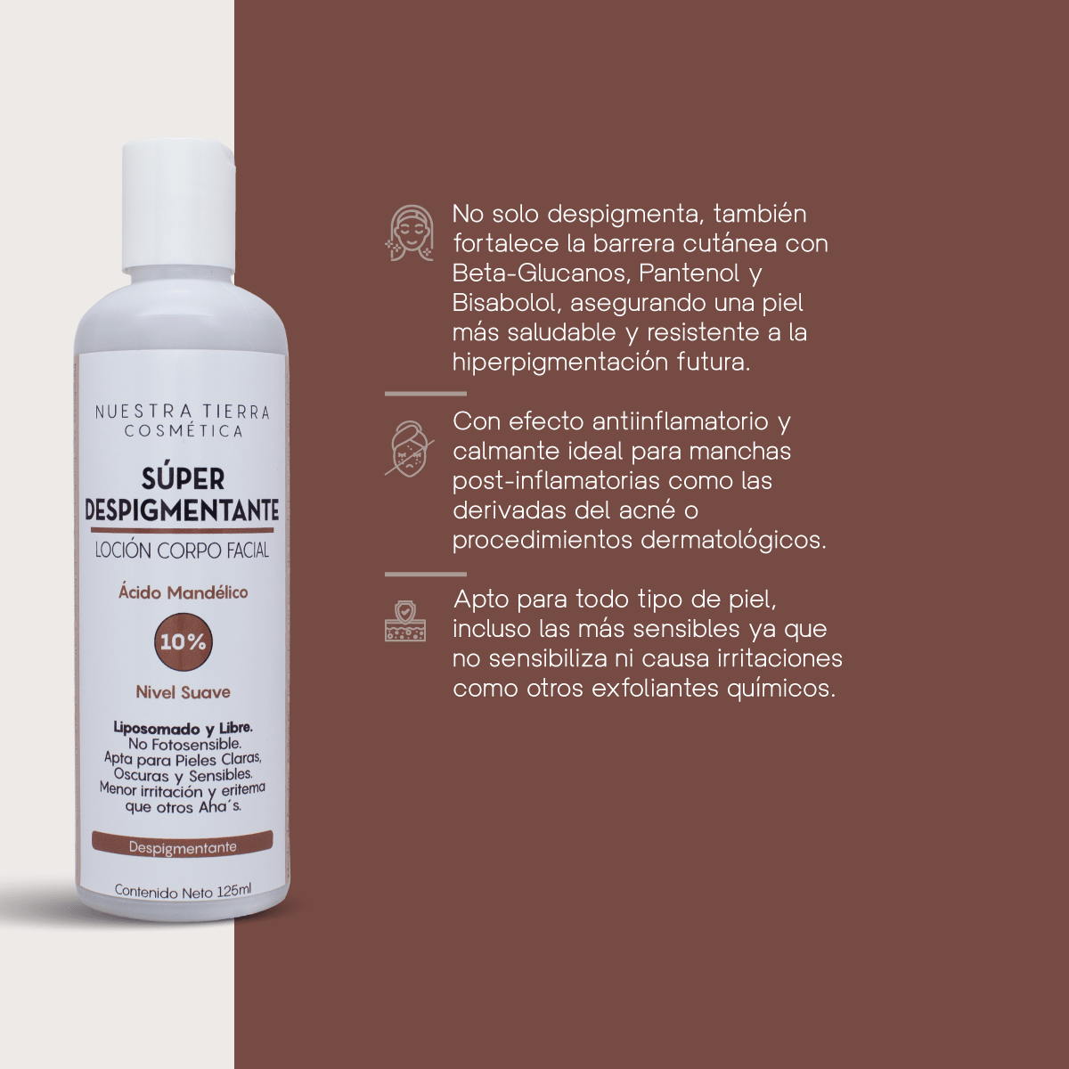 Locion Super Despigmentante Acido Mandelico 10% Aclarante de uso nocturno para rostro y cuerpo - Nuestra Tierra Cosmética Ancestral