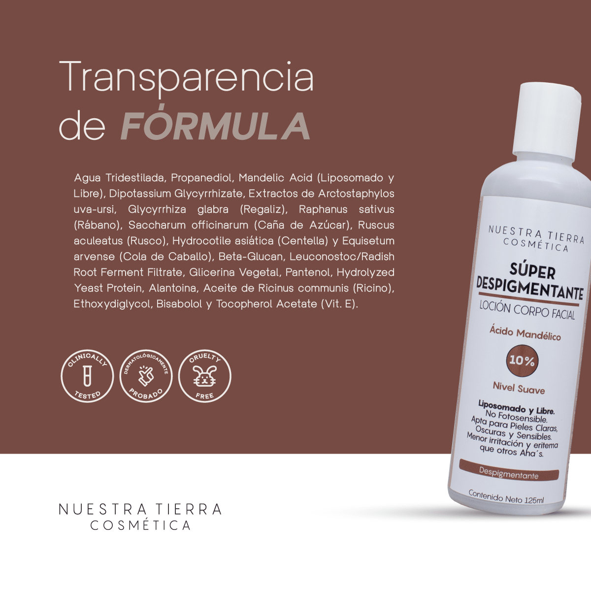 Locion Super Despigmentante Acido Mandelico 10% Aclarante de uso nocturno para rostro y cuerpo - Nuestra Tierra Cosmética Ancestral