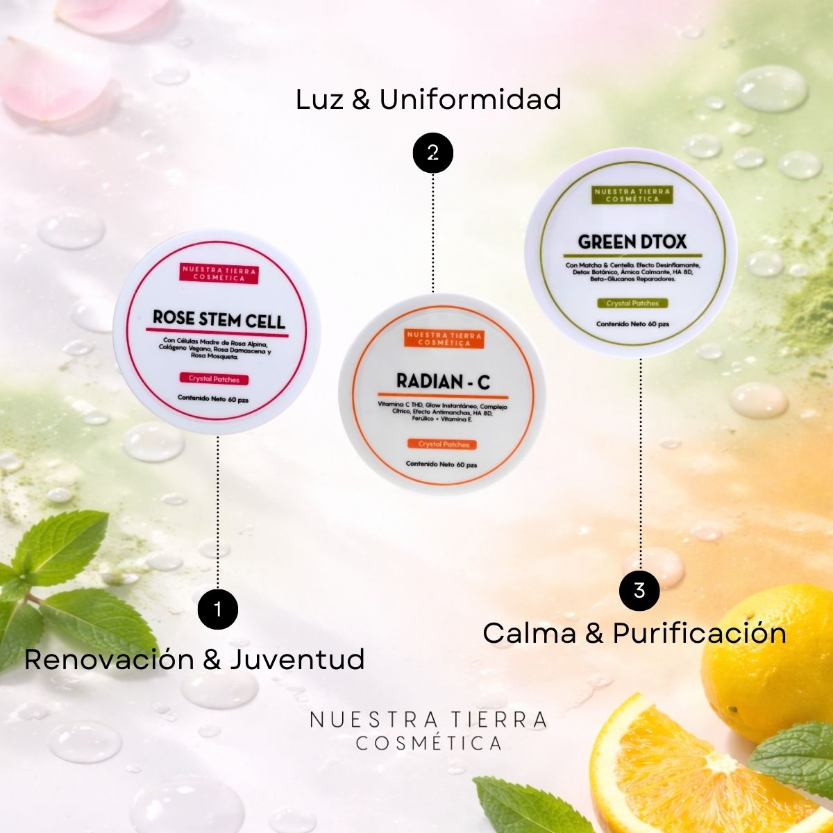 Pack Trilogía de la Luz Crystal Patches (Rose Stem + Radian C + Green Dtox) - Nuestra Tierra Cosmética Ancestral