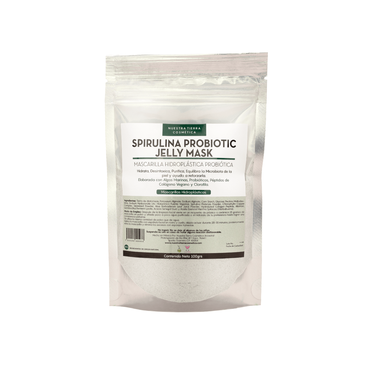 Spirulina Probiotic Jelly Mask - Mascarilla Hidroplastica con Spirulina y Probioticos - Nuestra Tierra Cosmética Ancestral