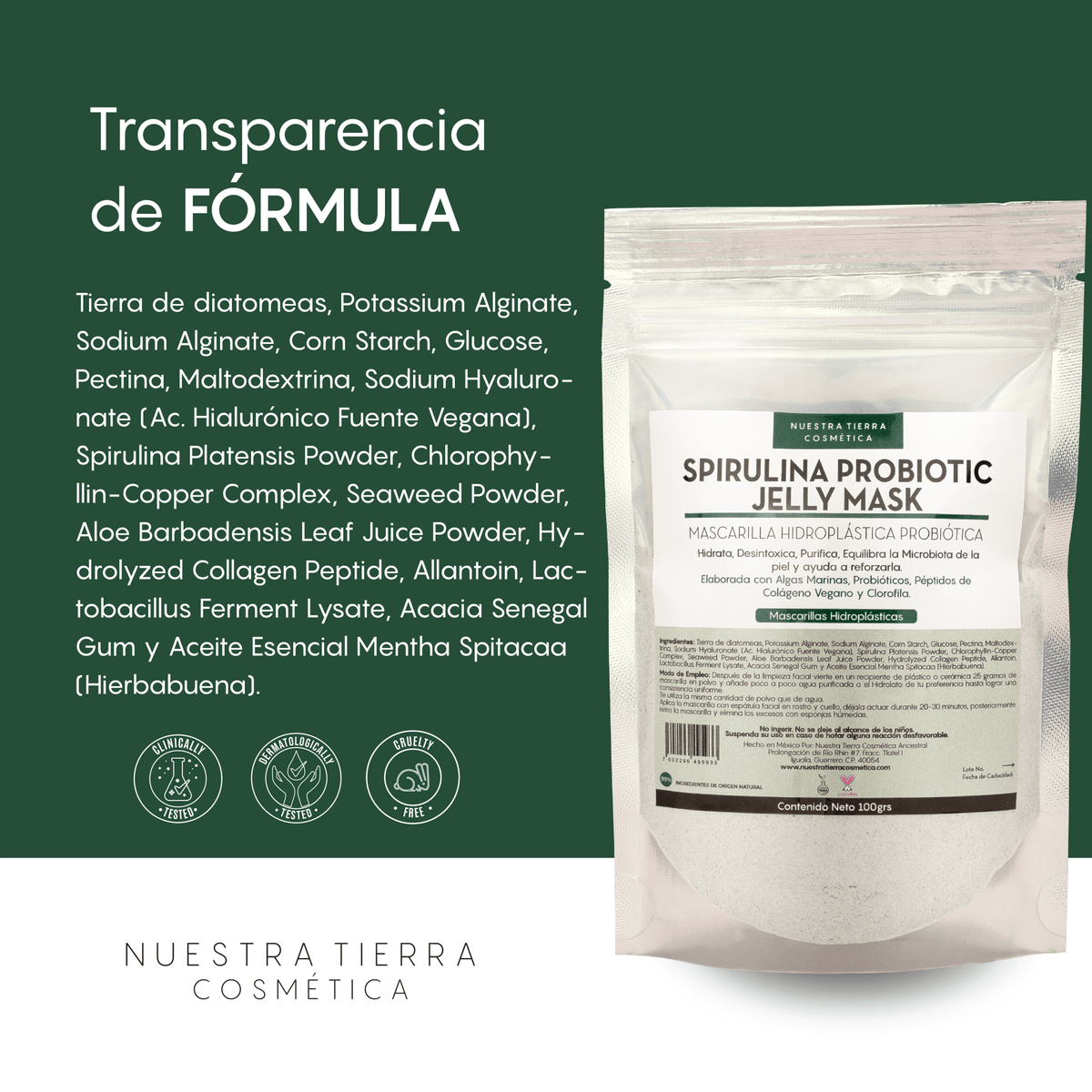 Spirulina Probiotic Jelly Mask - Mascarilla Hidroplastica con Spirulina y Probioticos - Nuestra Tierra Cosmética Ancestral