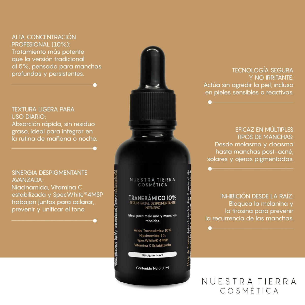 Suero Aclarante Acido Tranexamico 10% para melasma y manchas rebeldes - Nuestra Tierra Cosmética Ancestral