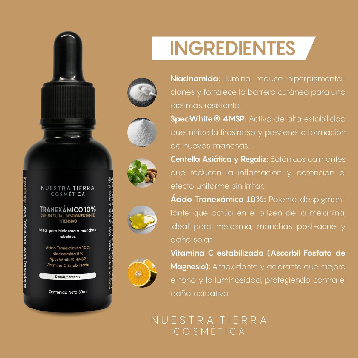 Suero Aclarante Acido Tranexamico 10% para melasma y manchas rebeldes - Nuestra Tierra Cosmética Ancestral