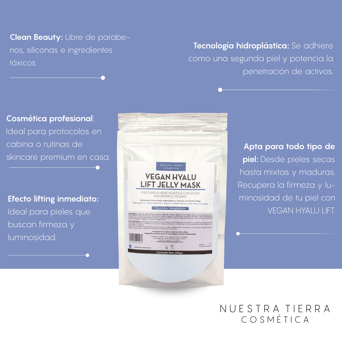 Vegan Hyalu Lift Mascarilla Hidro - Plastica Humectante y Tensora - Nuestra Tierra Cosmética Ancestral