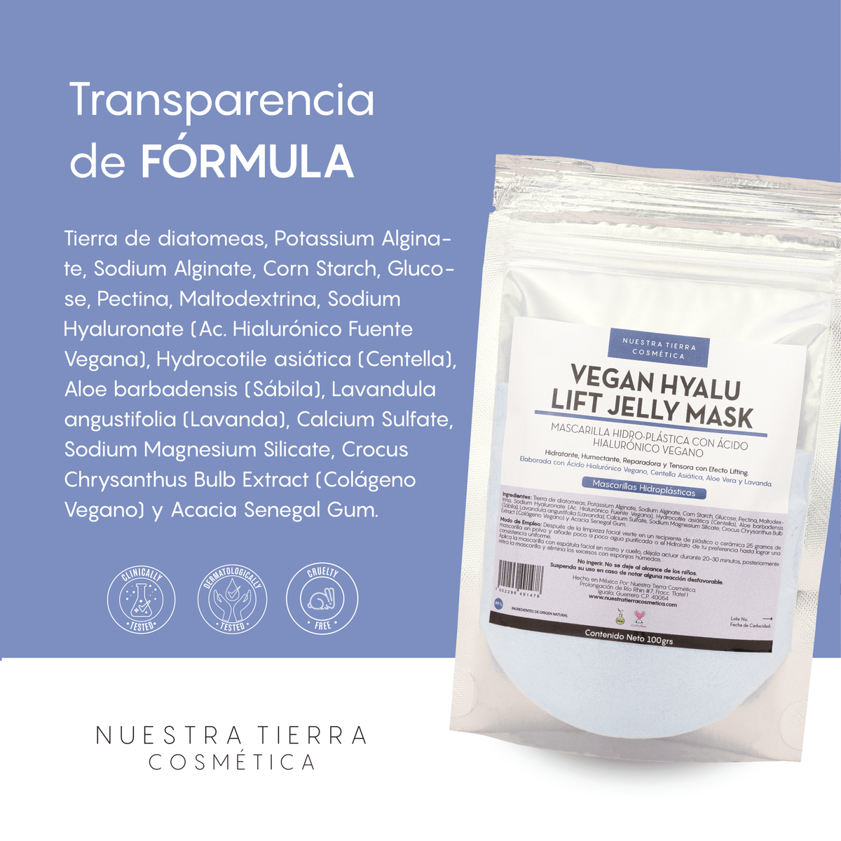 Vegan Hyalu Lift Mascarilla Hidro - Plastica Humectante y Tensora - Nuestra Tierra Cosmética Ancestral